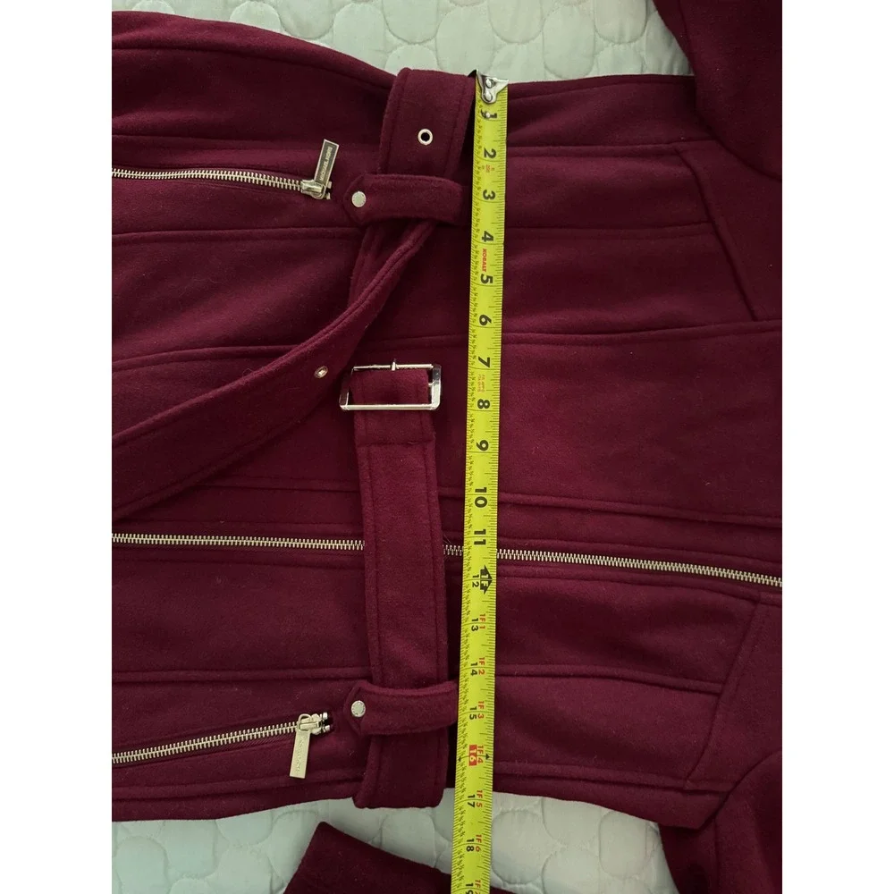 Michael Kors Womens Burgundy Belted Wool Blend Asymmetrical Zip Coat Luxury S